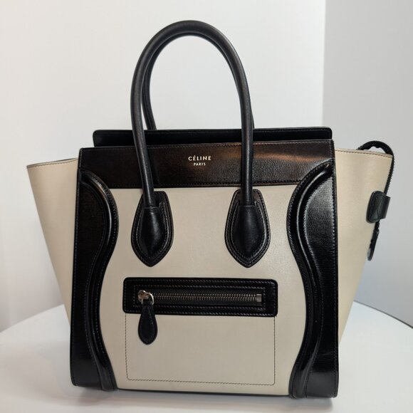 Celine Handbags - Celine Black and Cream Women's Calfskin Luggage Microshopper Bag